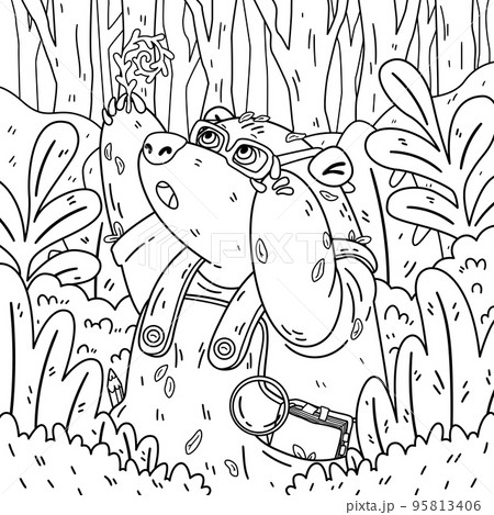 Cute bear botanist in glasses, explores new plants. Gardening grizzly. Animal in the forest. Vector coloring page children illustration. Cute bear botanist in glasses, explores new plants. Gardening grizzly. Animal in the forest. Vector coloring page children illustration. 95813406