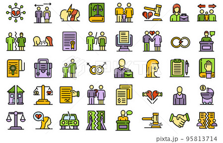 Divorce icons set. Outline set of divorce vector icons thin line color flat on white 95813714