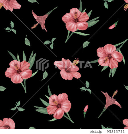 Tropical floral foliage hibiscus, leaves and budsflower seamless pattern background. Exotic jungle wallpaper. Hand drawn watercolor on black background. Perfect for invitation, greeting cards. Tropical floral foliage hibiscus, leaves and budsflower seamless pattern background. Exotic jungle wallpaper. Hand drawn watercolor on black background. Perfect for invitation, greeting cards. 95813731