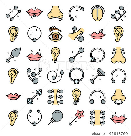 Piercing icons set. Outline set of piercing vector icons thin line color flat on white 95813760