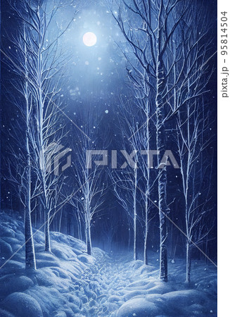 Snowy Christmas Night Frozen Forest 3D illustration 95814504