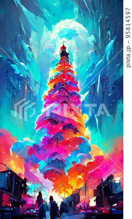 christmas snow christmas tree colorful neon lights 3D illustration 95814597