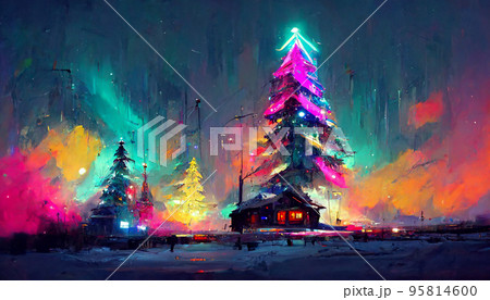 christmas snow christmas tree colorful neon lights 3D illustration 95814600