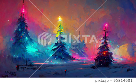 christmas snow christmas tree colorful neon lights 3D illustration 95814601