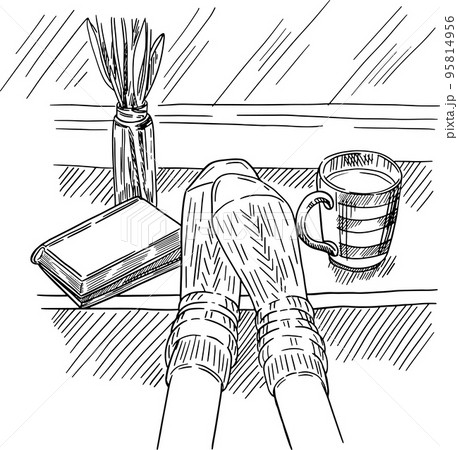 Winter happy holidays. Cozy Hygge atmosphere with book and coffee at the window Winter happy holidays. Cozy Hygge atmosphere with book and coffee at the window 95814956