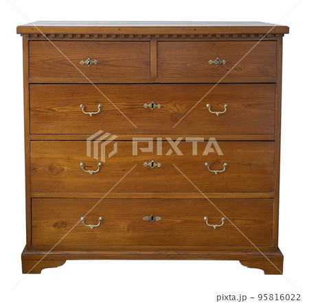 Old vintage antique chest of drawers oak wood on white. Old vintage antique chest of drawers oak wood on white. 95816022