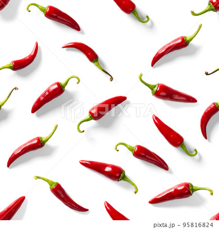 Seamless pattern made of red chili or chilli on white background. Minimal food pattern. Red hot chilli seamless peppers pattern. Food background. Seamless pattern made of red chili or chilli on white background. Minimal food pattern. Red hot chilli seamless peppers pattern. Food background. 95816824
