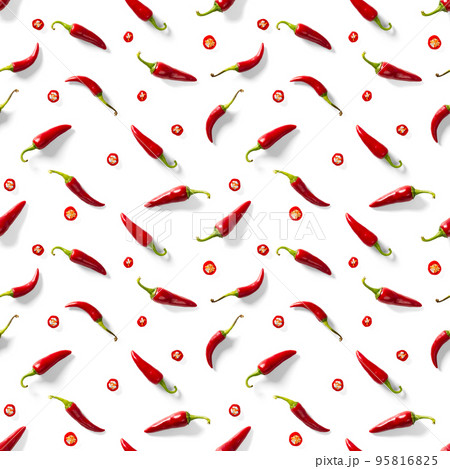 Seamless pattern made of red chili or chilli on white background. Minimal food pattern. Red hot chilli seamless peppers pattern. Food background. 95816825