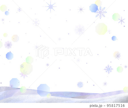 優しい色使いの北欧風オシャレな水彩画風冬の雪の結晶の白バックフレームイラスト背景素材のイラスト素材