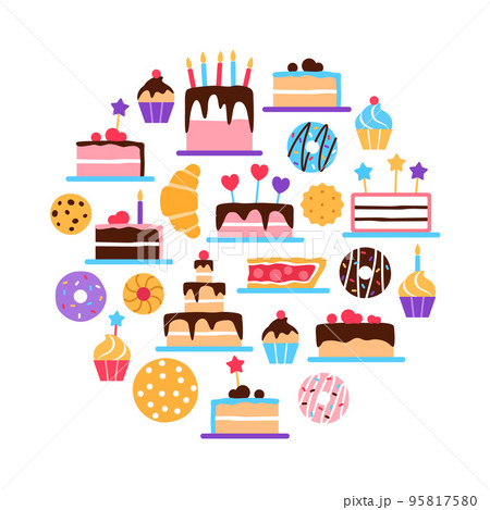 Pastry circle flat concept on white background. Colorful elements. Danish pastries patisserie for cafe restaurant menu banner design. Cake donut bun cookie croissant pie slice vector illustration. 95817580