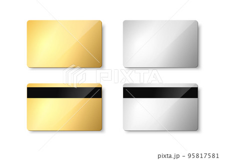 Vector Golden and Silver Gift Card, Certificate, Guest Room, Plastic Hotel Apartment Keycard, ID Card, Sale. Credit Card Design Template for Mockup, Branding. Front, Back Side, Magnetic Strip 95817581
