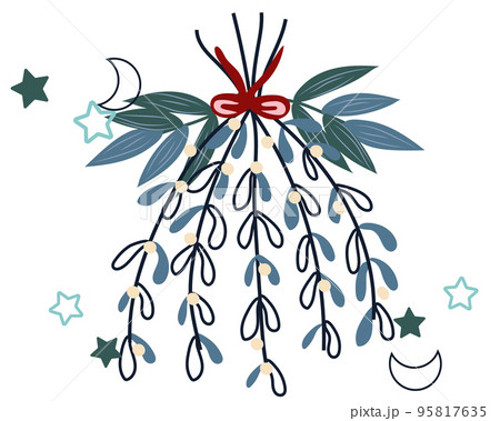 Mistletoe. Branch of mistletoe with berries, leaves and bright red ribbon. Mistletoe in flat style.Perfect for greeting cards, poster, postcard, banner. Vector. Mistletoe. Branch of mistletoe with berries, leaves and bright red ribbon. Mistletoe in flat style.Perfect for greeting cards, poster, postcard, banner. Vector. 95817635
