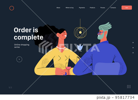 Order is complete - Online shopping and electronic commerce web template - modern flat vector concept illustration of couple sitting in restaurant. Promotion, discounts, sale and online orders concept Order is complete - Online shopping and electronic commerce web template - modern flat vector concept illustration of couple sitting in restaurant. Promotion, discounts, sale and online orders concept 95817734