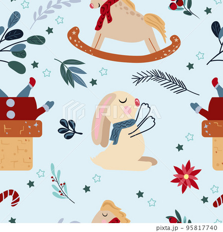 Winter seamless pattern with cute rabbit in a scarf, rocking horse in vintage style, Santa clause, bright berries and flowers. Magic winter pattern. Vector illustration 95817740