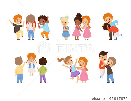 Angry Kids Bullying and Abusing the Weak Agemate Teasing and Laughing at Them Vector Set 95817872