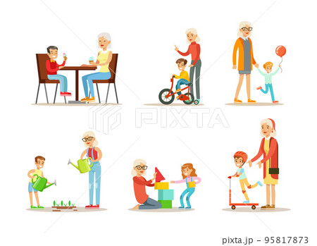 Senior Granny Spending Time with Grandchildren Eating Ice Cream, Riding Bicycle, Walking, Gardening, Riding Scooter and Playing Toy Blocks Vector Set 95817873