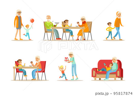 Senior Granny Spending Time with Grandchildren Walking, Drinking Tea, Giving Gift Box and Resting on Sofa Vector Set Senior Granny Spending Time with Grandchildren Walking, Drinking Tea, Giving Gift Box and Resting on Sofa Vector Set 95817874