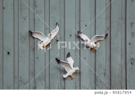 decorative seagulls on the wooden facade of barn in Denmark 95817954