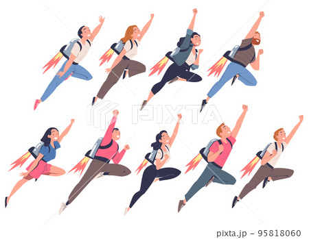 Happy People Character with Jetpack Flying Propelling Through the Air Vector Set Happy People Character with Jetpack Flying Propelling Through the Air Vector Set 95818060