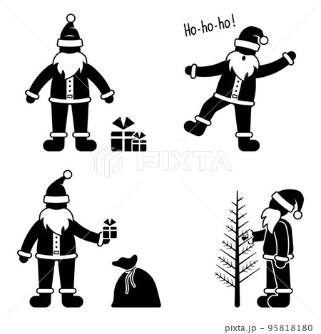 Stickman Santa Claus vector set. Waving ho ho ho, holding New Year tree and presents bag icon stickman pictogram 95818180