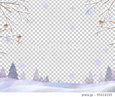 北欧風オシャレな水彩画風冬の木々と小鳥ー雪の結晶の白バックフレームイラスト素材 95818195