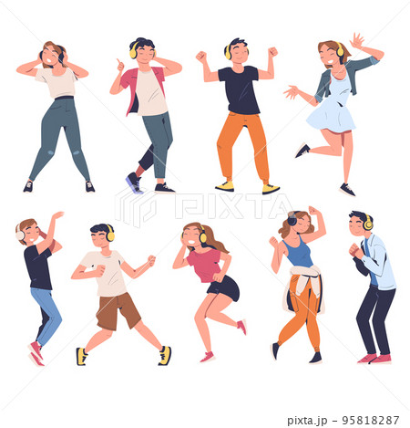 Teen Boy and Girl with Headphones Listening to Music and Dancing Vector Set 95818287