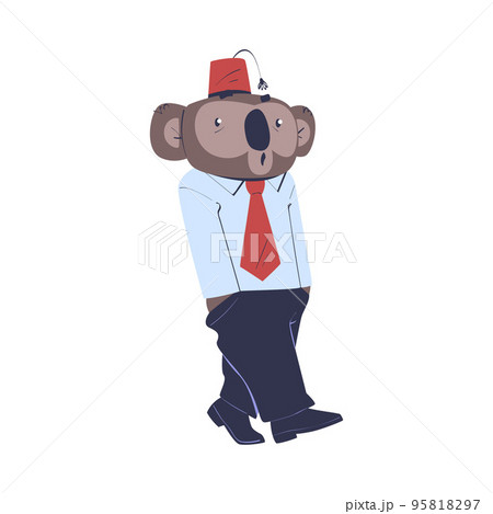 Man Koala Character with Animal Head Walking Wearing Fez Hat and Business Suit Vector Illustration 95818297