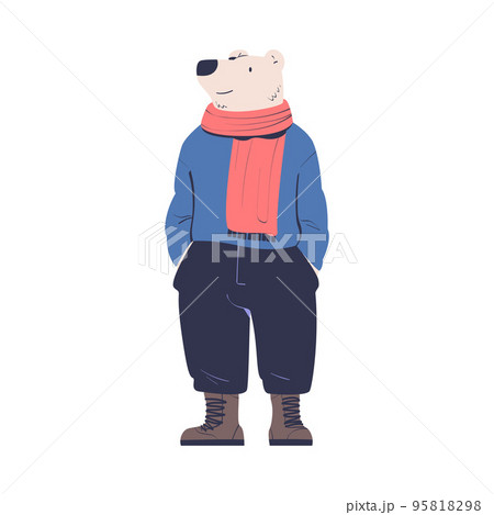Man Polar Bear Character with Animal Head Standing Wearing Boots and Scarf Vector Illustration 95818298
