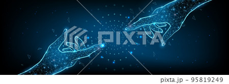 Creation AI concept - two hands reach for each other connecting, polygonal style starry sky or space, consisting of points, lines, and shapes with destruct shapes. Futuristic vector illustration 95819249