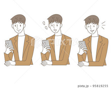 携帯を見る若い男性のイラスト表情セット 95819255