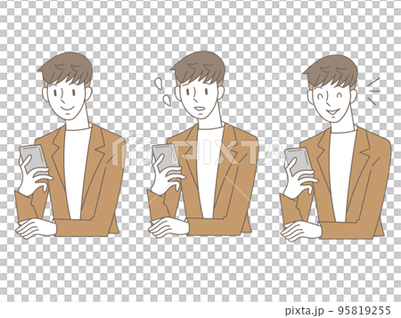 携帯を見る若い男性のイラスト表情セット 95819255