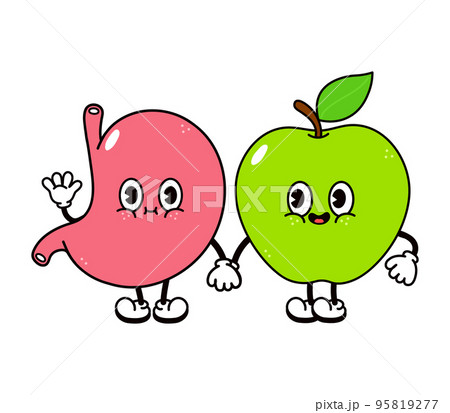 Cute, funny happy stomach and apple character. Vector hand drawn cartoon kawaii characters, illustration icon. Funny cartoon stomach and apple friends concept 95819277