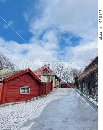 View of a farmhouse in the skansen museum in Stockholm. 95819314