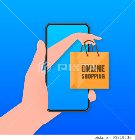 Flat shop, great design for any purposes. 3d hand with bag. Flat vector illustration. Online shop Flat shop, great design for any purposes. 3d hand with bag. Flat vector illustration. Online shop 95819336