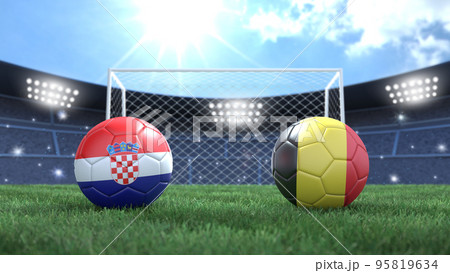 Two soccer balls in flags colors on stadium bright blurred background. Croatia and Belgium. 3d image Two soccer balls in flags colors on stadium bright blurred background. Croatia and Belgium. 3d image 95819634