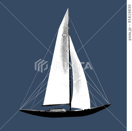 Engraving of a sailing boat. Realistic illustration of a sailing boat. Black and white drawing Engraving of a sailing boat. Realistic illustration of a sailing boat. Black and white drawing 95819830