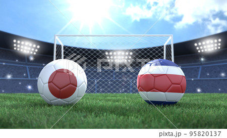 Two soccer balls in flags colors on stadium bright blurred background. Japan and Costa Rica. 3d image Two soccer balls in flags colors on stadium bright blurred background. Japan and Costa Rica. 3d image 95820137