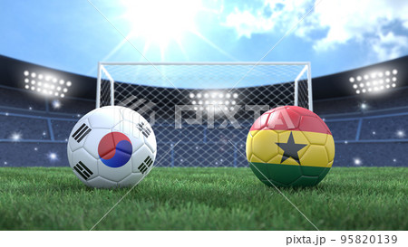 Two soccer balls in flags colors on stadium bright blurred background. South Korea and Ghana. 3d image Two soccer balls in flags colors on stadium bright blurred background. South Korea and Ghana. 3d image 95820139