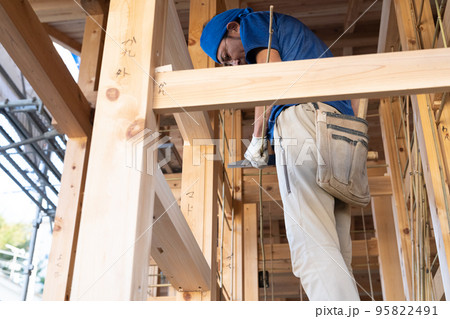 土壁の下地つくりをする左官職人 95822491