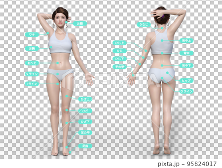 3D illustration of the front and back of a woman's body in areas where hair removal is desired 95824017