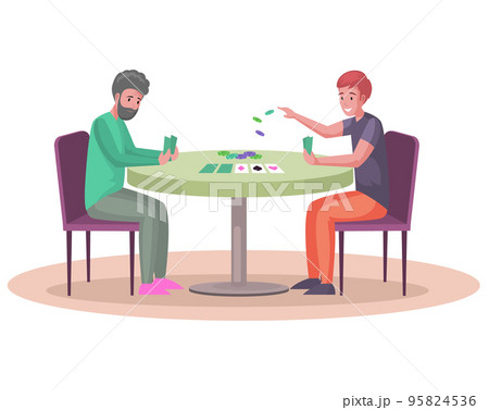 Men sitting at table and playing with cards and chips. Home activity and recreation with table game 95824536