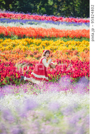 お花畑と赤ずきんちゃんの仮装した女性 お花畑と赤ずきんちゃんの仮装した女性 95824802