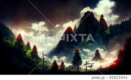絵画 イラスト 秋 紅葉 山 自然 森 風景のイラスト素材
