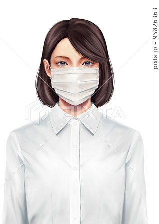 白いシャツにマスクをしたリアルな女性の正面上半身イラスト ラスター素材のイラスト素材
