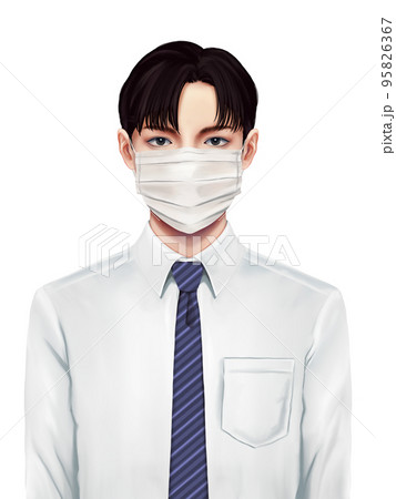 白いシャツにマスクをしたリアルな男性の正面上半身イラスト ラスター素材のイラスト素材