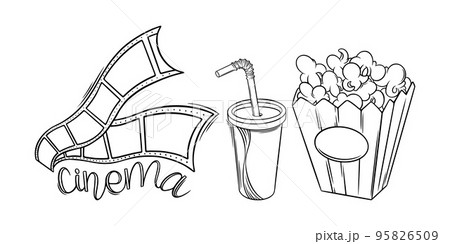 Popcorn basket and soda sketch. Cinema pop corn in doodle style. Vector illustration 95826509