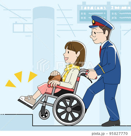 優しいタッチの車椅子の女性と介助する駅員 優しいタッチの車椅子の女性と介助する駅員 95827770