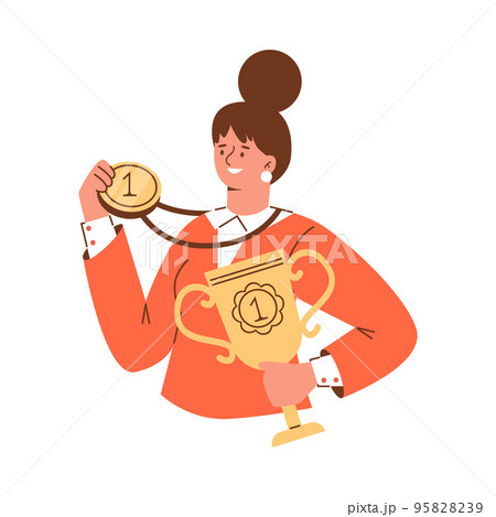 Happy woman holds winners golden trophy and medal, flat vector illustration isolated on white background. Happy woman holds winners golden trophy and medal, flat vector illustration isolated on white background. 95828239