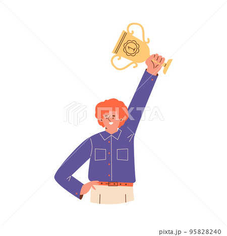 Happy man getting the first place gold award, flat vector illustration isolated. 95828240