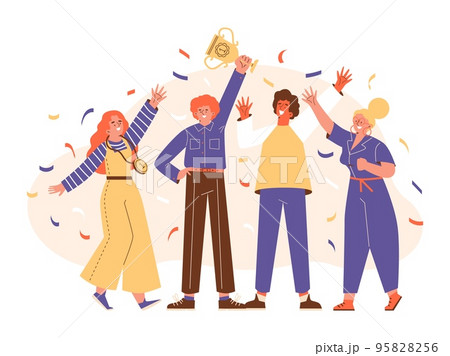 Group of happy people won golden trophy, flat vector illustration isolated on white background. 95828256